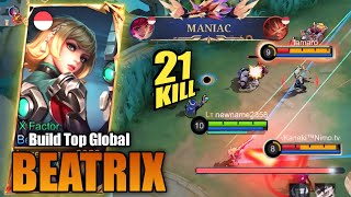 21 KILLS AND MANIAC Beatrix Best Build 2024  One Shot Build Damage Sniper  mlbb [upl. by Nosnirb]