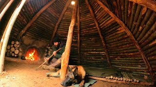 Building a Hunter Hut with a Fireplace  Bushcraft Shelter from Wood and Clay Part2 [upl. by Ateuqahs319]