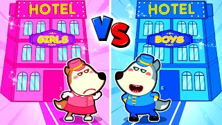 Familia Wolfoo Español  DESAFÍO DEL HOTEL DE JUGUETES ROSA VS AZUL  Dibujos Animados Educativos [upl. by Sachiko]