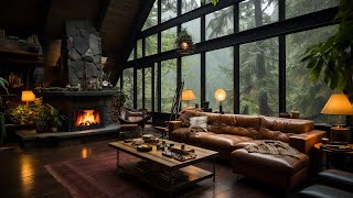 Jazz Relaxing Music  Rainy Day at Cozy House Inside Forest with Gentle Rain Fireplace Sounds 🌧️🔥 [upl. by Giverin]