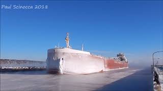 So Cold the Canal Froze  CSL Assiniboine arrives Duluth MN breaking ice [upl. by Hteboj]