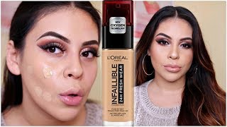 NEW LOREAL INFALLIBLE FRESH WEAR 24HR FOUNDATION FIRST IMPRESSION REVIEW amp DEMO  JuicyJas [upl. by Meirrak]