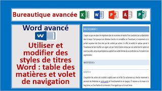 Bureautique avancée Word avancé Utiliser et modifier des styles de titres Word table des matières [upl. by Hannahc]