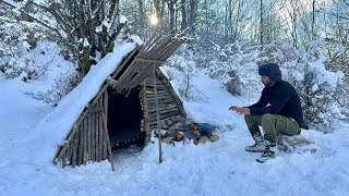 10C Building A Bushcraft Snow Survival Shelter With Hand Tools Howling Wolves amp Outdoor Cooking [upl. by Roth]