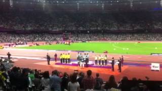 Olympic gold medal ceremony for US 4x100 womens relay team [upl. by Tiertza]