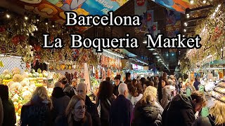 Barcelona La Boqueria street food Market drinks Meat Seafood juice fruit Barça Spain [upl. by Mihalco]