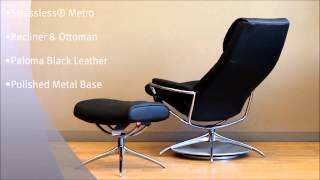 Stressless Metro Recliner and Ottoman in Paloma Black Leather and Polished Metal Base By Ekornes [upl. by Eibber318]