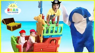 Ryan and Family Build a Kids Pirate Ship and Hunt for a Surprise Treasure Chest [upl. by Enayd]