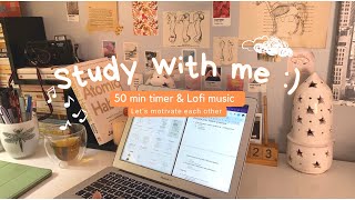 1 hour study with me 5010 Pomodoro timer ⏱️ cozy lofi musical light academia desk [upl. by Nauqed]