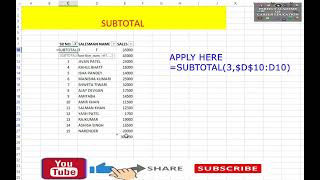 SUBTOTAL IN EXCEL [upl. by Wilhelmina]