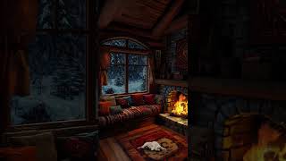 Cozy winter log cabin living room with crackling fireplace  Relaxing snowstorm [upl. by Mehelhteb]