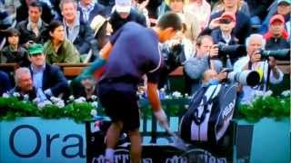 Novak Djokovic smashes Perrier sign at 2012 French Open [upl. by Trub]