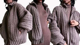 Crochet Jacket With Pockets and Zipper NO SEWING MACHINE [upl. by Lefton]