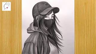 Girl with Face Mask Drawing  A Girl With Cap  How to Draw a Girl with Mask  Pencil Sketch [upl. by Fairfax]