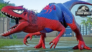 Spiderman Indominus REX Venom Captain America Iron Man Dino Fight  Jurassic World Evolution [upl. by Fee489]