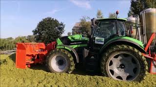 DeutzFahr 6215 TTV mit Transport Fahrzeuge am Maishaufen [upl. by Wivinah874]