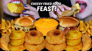 ASMR CHEESY FRIED FOOD FEAST GIANT ONION RINGS FRIED CHICKEN TENDERS BACON CHEESEBURGERS FRIES [upl. by Delcine]