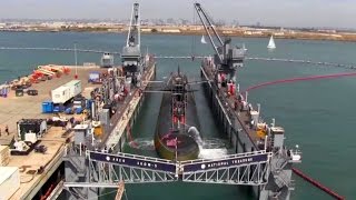 Nuclear Submarine Dry Docks Inside Floating Dry Dock  Timelapse Video [upl. by Anaher]