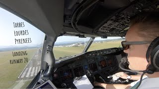 Landing runway 20 Tarbes Lourdes Pyrenees LDE LFBT as seen from the cockpit of a Boeing 737 [upl. by Nodnab]