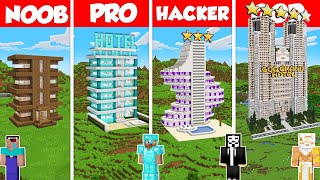 Skyscraper Hotel Build Battle Challenge  Noob vs Pro vs Hacker vs God  Minecraft Animation [upl. by Aicinod]