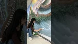 Mural Artist Scrapes Putty to Create a Telief Sculpture of the Great Wall mural art painting [upl. by Shannah]