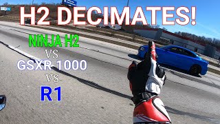 H2 DEMOLISHES IN HIGHWAY PULLS GSXR 1000 vs R1 vs H2 [upl. by Jaddan578]