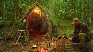 Building a Survival Shelter in a Forest  Camp Food from Natural Herbs  Mr Wild Nature 8K [upl. by Naivaf]