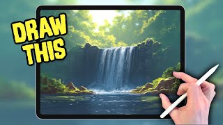 PROCREATE Landscape DRAWING Tutorial in EASY Steps  Woodland waterfall [upl. by Howie154]