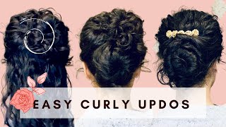 3 Easy Curly Updos  5Minute Work amp Special Occasion Curly Hairstyles [upl. by Ecinehs616]