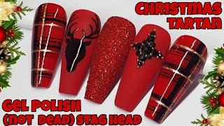 🦌 FESTIVE TARTAN amp STAG  Gel polish nail art design tutorial  Red plaid  Reindeer silhouette [upl. by Ati]