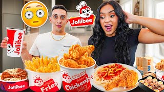 Americans Try Jollibee For The First Time Palabok Aloha Burger Jolly Spaghetti Adobo Rice [upl. by Peale]