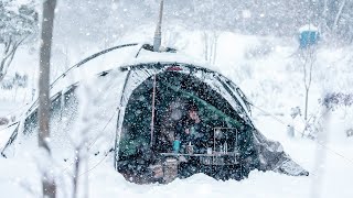 Camping in Heavy snow  snow falls all day camping alone in the snow  Hot tent  snowstorm [upl. by Mctyre]