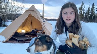 Winter Camping in Hot Tent on Frozen Lake [upl. by Arim]