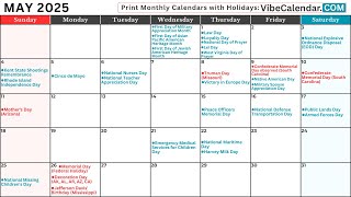 May 2025 Calendar with Holidays and Observances All calendar may holiday [upl. by Eilla837]