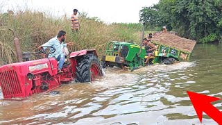 john deere tractor stuck in river with heavy loaded trolley rescued by mahindra tractor  tractor [upl. by Atoked]