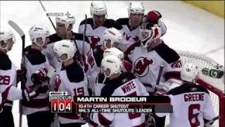 Martin Brodeur Sets Alltime Shutout Record w 104th Shutout [upl. by Nyledam]