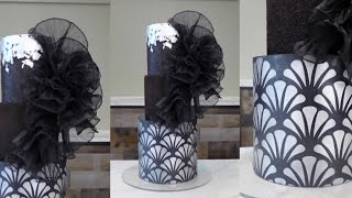 Modern Black and Silver Textured Stencil Cake with Gathered Organza Rosette Topper  Silver Stencil [upl. by Gosser]