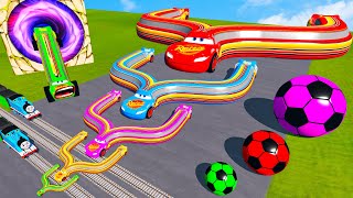 FAT CAR vs LONG CARS with Big amp Small Lightning Mcqueen Slingshot vs Thomas Trains  BeamNGDrive [upl. by Opiak893]