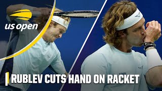 Andrey Rublev cuts his hand taking out frustration on racket  2024 US Open [upl. by Airotciv571]