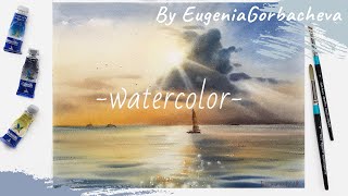 Watercolor Painting Short Lesson  Seascape and Sun Rays  Акварель [upl. by Acirret]