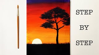 Easy Sunset for Beginners  Acrylic Painting Tutorial Step by Step  ENG SUB [upl. by Llesig813]