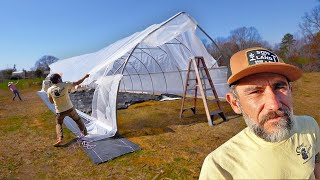 Big Project Installing 72 Plastic on Gothic High Tunnel Greenhouse [upl. by Harihs]