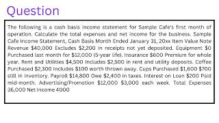 The following is a cash basis income statement for Sample Cafes first month of operation [upl. by Aicilev]