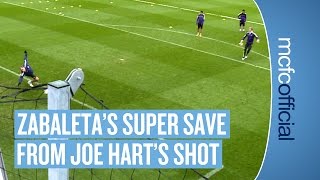 ZABALETA SAVES Pablo Zabaletas Super Save from Joe Harts Shot  Man City Training [upl. by Supen]