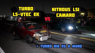 TURBO LSVTEC EK CIVIC VS NITROUS LS1 CAMARO Z28  TURBO B16 EG HATCH  CFRACING [upl. by Esinyl]