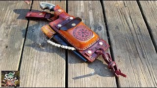 Making a Leather Scout Carry Sheath for a Hunter Tracker Knife  Altoids Tin and Ferro Rod [upl. by Acirre]