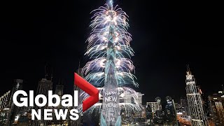 New Years 2022 Dubai puts on dazzling fireworks laser show at Burj Khalifa [upl. by Swanson17]