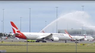 Qantas Boeing 787 Dreamliner VHZNA Water Cannon Salute [upl. by Analak153]