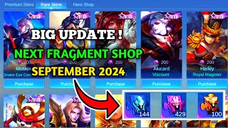 BIG UPDATE  NEXT FRAGMENT SHOP SEPTEMBER 2024  UPCOMING FRAGMENT SHOP  Mobile Legends ✓ [upl. by Peppie]