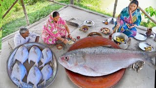 গ্রাম্য পদ্ধতিতে ছোট বেগুন দিয়ে ইলিশ মাছ রান্না সাথে পমফ্রেট মাছের তেলঝল  hilsha fish curry [upl. by Sirovart]